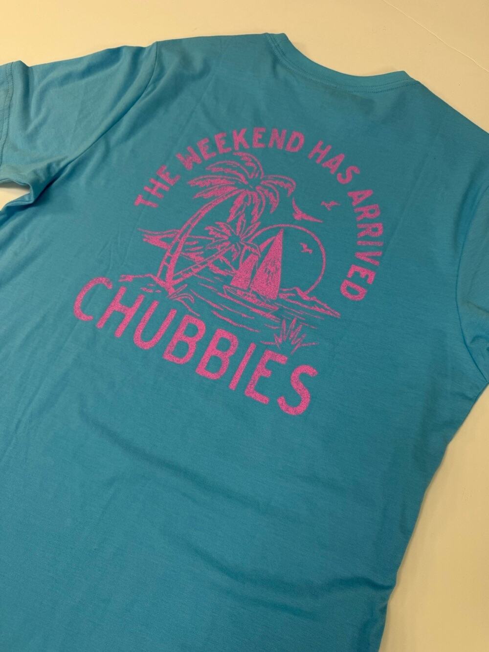 Men’s Turquoise Blue And Pink Size Medium Chubbies Summer T-Shirt